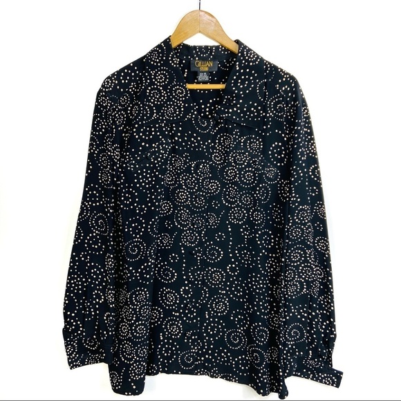 Gillian studio Size 16 vintage 100% silk shirt button down black brown dots - Picture 1 of 7